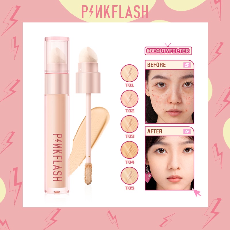 PINKFLASH #BeautyFilter HD Flawless Liquid Concealer With Sponge Brush Tool 5 Shades Waterproof Concealer Stick Face Makeup PF-F04