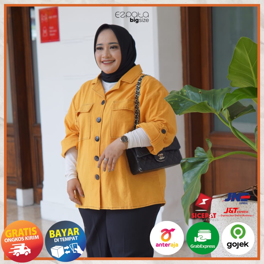 Ezpata Hem Button Kemeja Jumbo Bigsize Wanita Kerja Kuliah Linen Lengan Panjang Busui Wudhu Friendly Polos Termurah