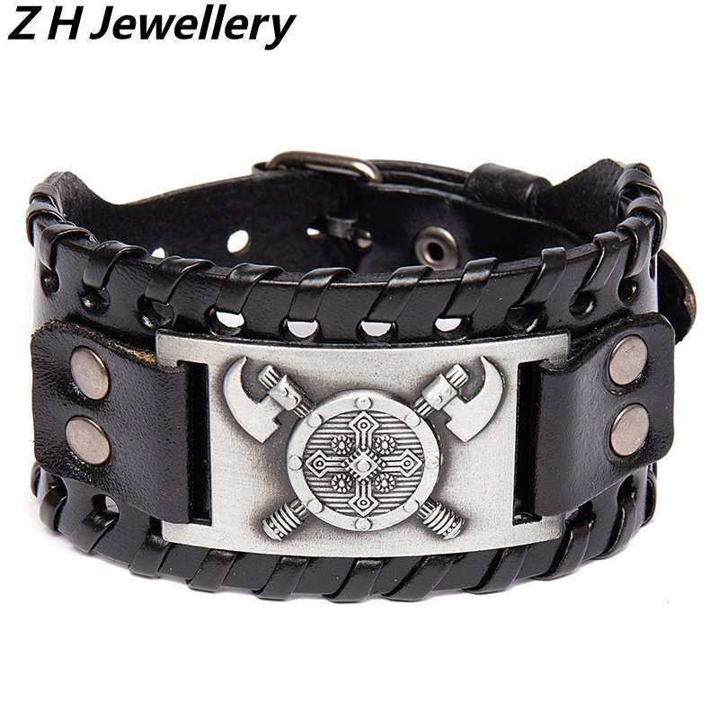 [Z H Perhiasan] Hip Hop Rock Retro Pria Fashion Stainless Steel Viking Perisai Rune Gelang Kulit Pesta Perhiasan Aksesoris