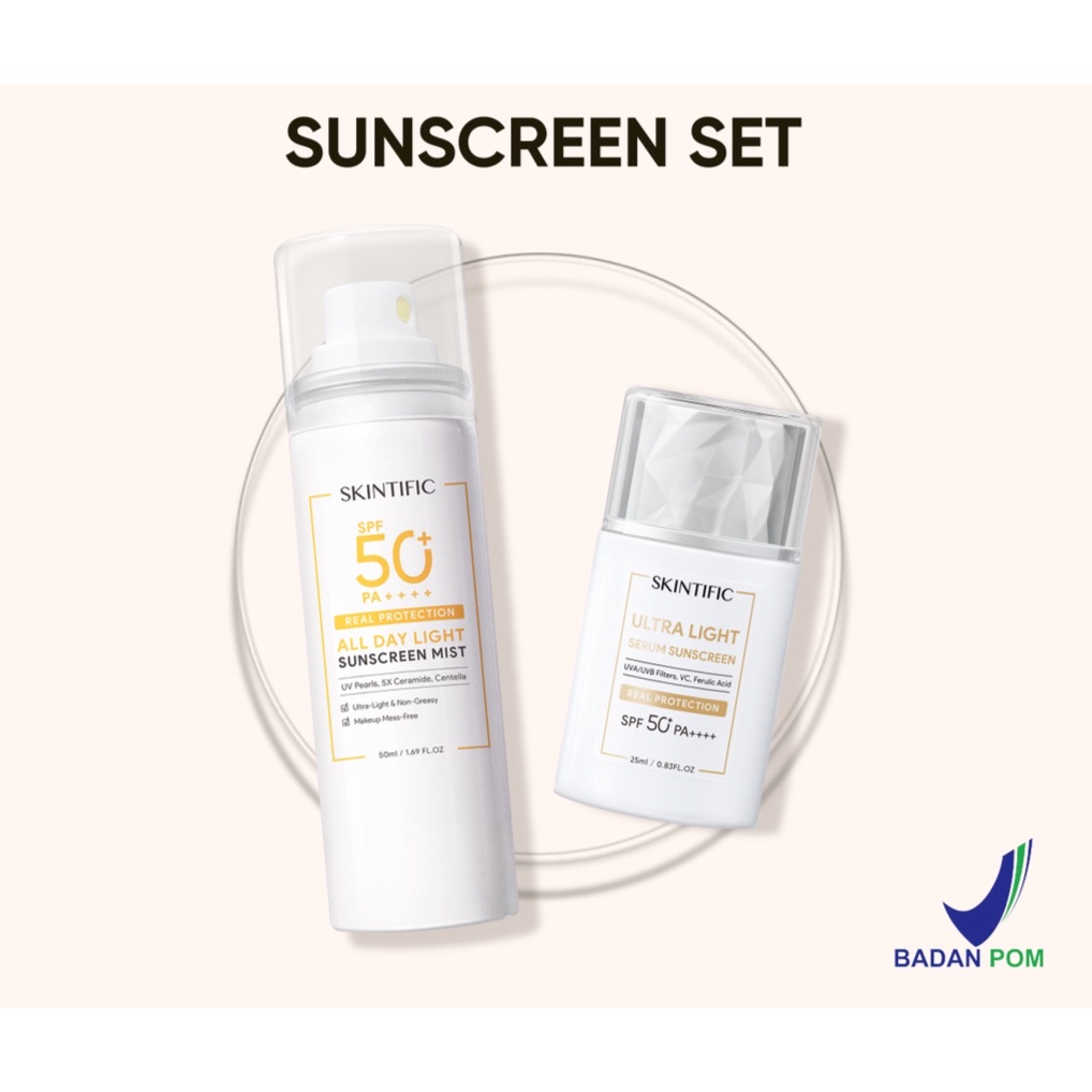 【Ready Stock】ori SKINTIFIC Sunscreen Set 2PCS - Skintific All Day Light Sunscreen Mist 50ml Sunscreen Spray + Ultra Light Serum Sunscreen 25ml UV Shield Sunblock SPF 50 PA ++++ Face Sunscreen tabir surya wajah Facial Sunblock Facial Sun Protection