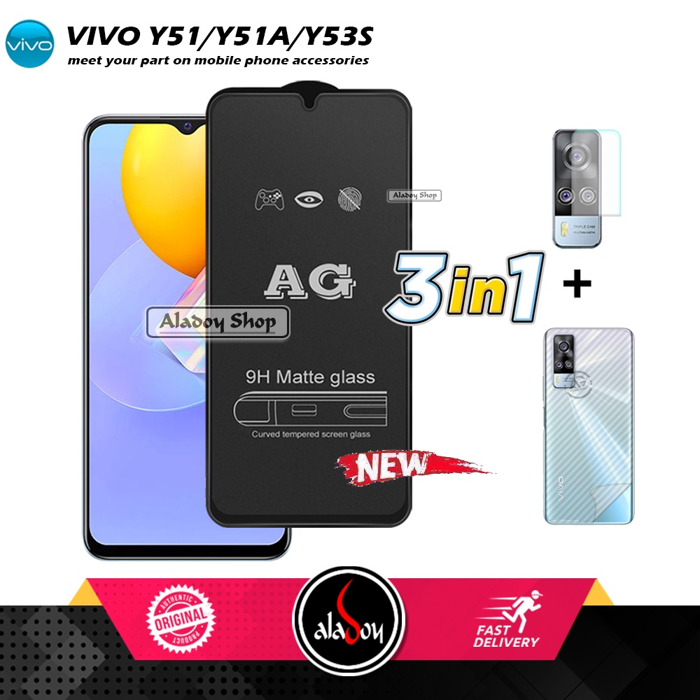 Paket 3IN1 Tempered Glass Layar Matte Anti Glare VIVO Y51/Y51A/Y53S Free Tempered Glass Camera dan Skin Carbon