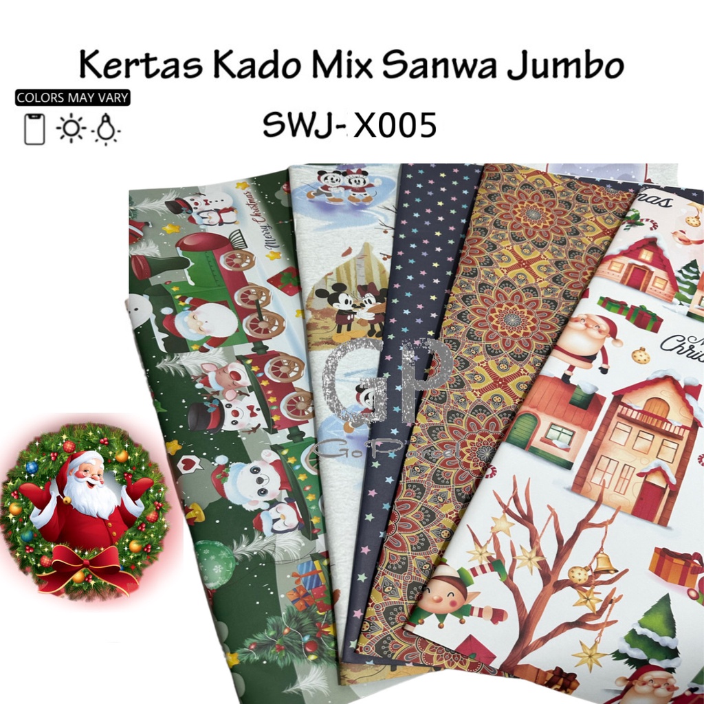 ( 5 Lembar 5 Motif ) JUMBO MIX NATAL SANWA - KERTAS KADO CHRISTMAS SANSAN WAWA - GIFT WRAPPING PAPER HANUKKAH / XMAS / POHON NATAL SNOWMAN SANTA CLAUS WHITE RED GREEN GOLD SILVER COLORS SET FULL DOFF