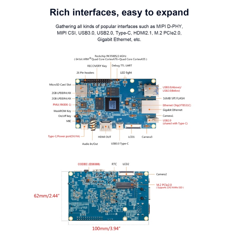 Zzz Orange Pi5 4GB+5V4A Type-C Power Supply, RK3588S Modul PCIE WiFi Eksternal+BT