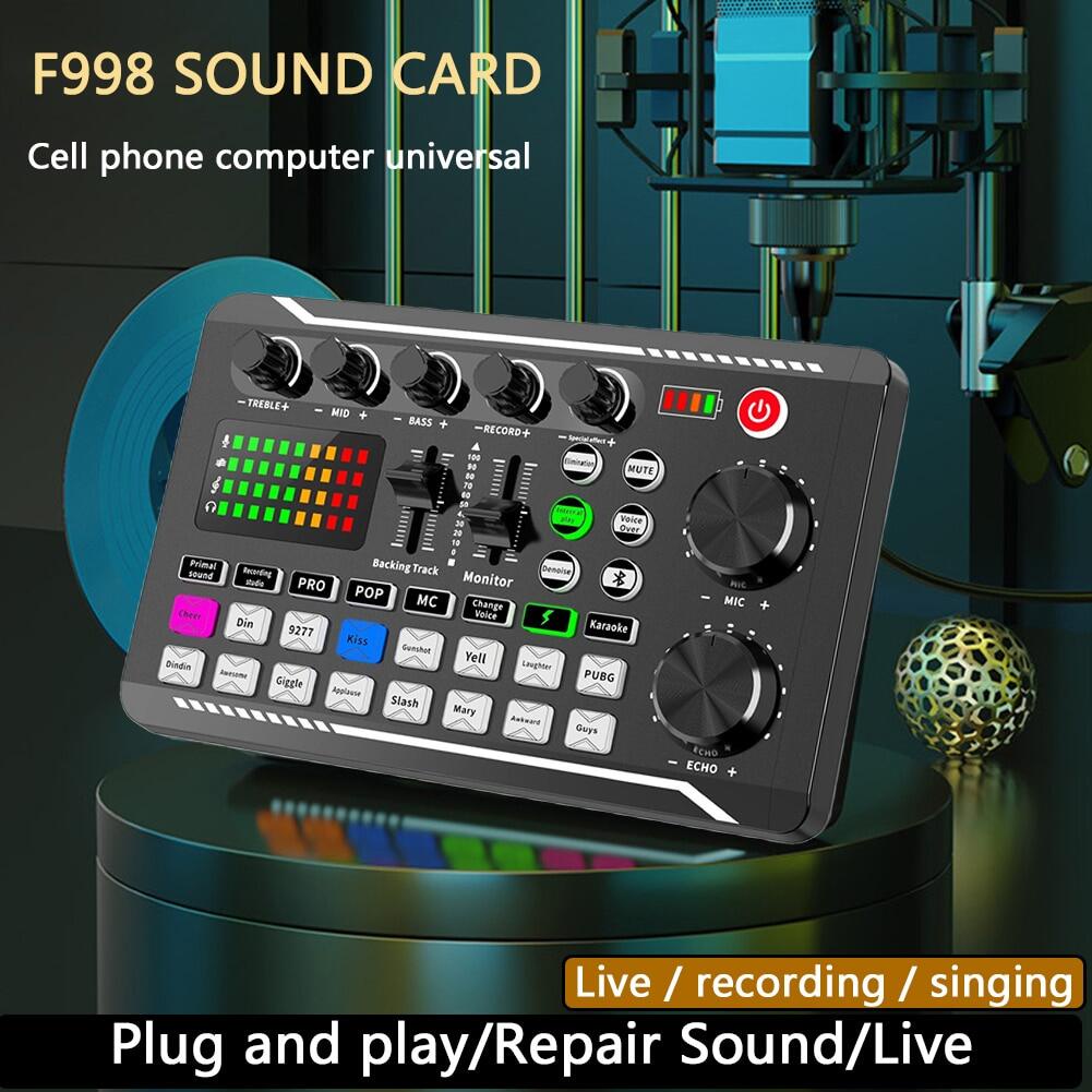 F998 SoundCard Sound Card Microphone Audio Broadcast Interface Mixer Mixing Console Amplifier Phone PC-Live Bluetooth USB External