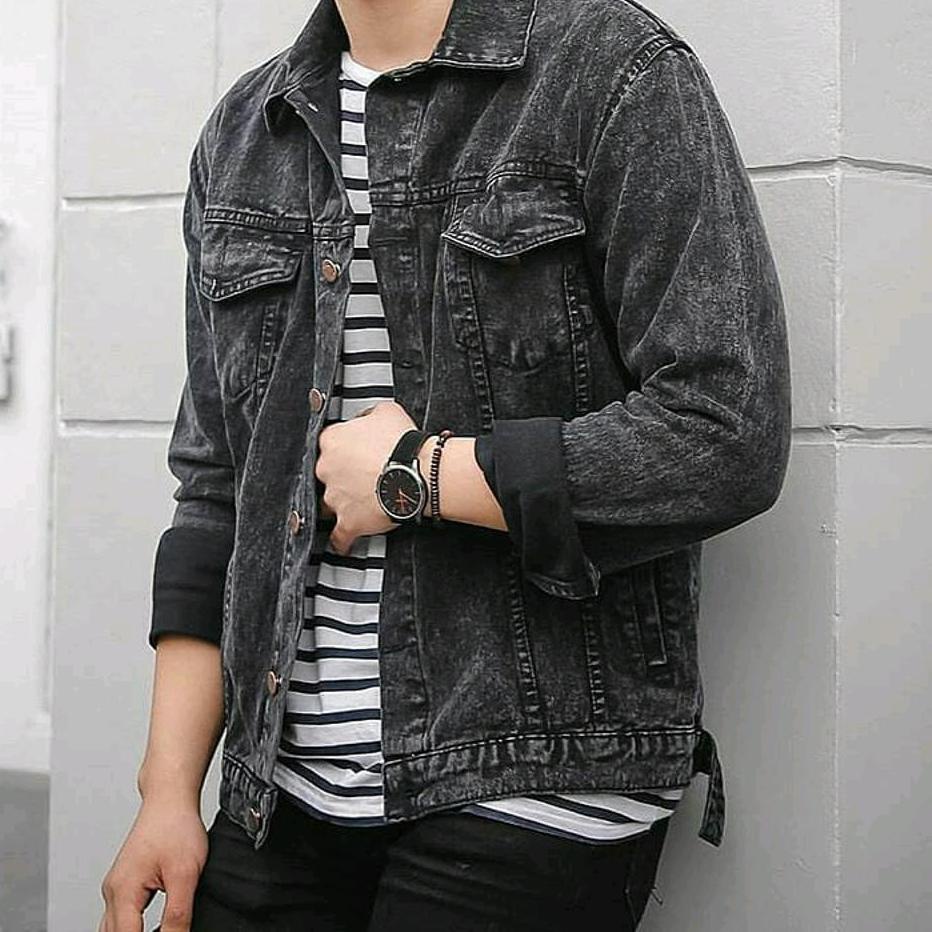 Langsung Atc (PROMO) JAKET JEANS PRIA SANDWASH HITAM