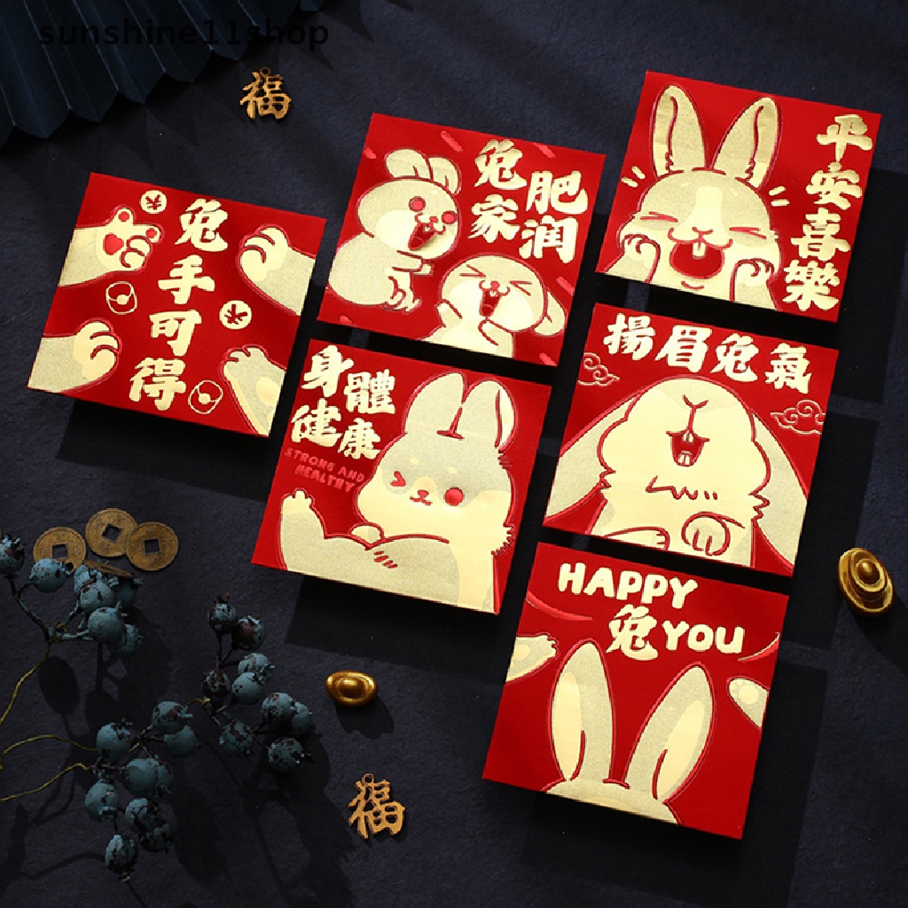 Sho 6 Pcs Tahun Baru Cina 2023tahun Kelinci Merah Amplop Persegi Pribadi Kreatif Festival Musim Semi Kantong Uang Hongbao Merah Hadiah Amplop N