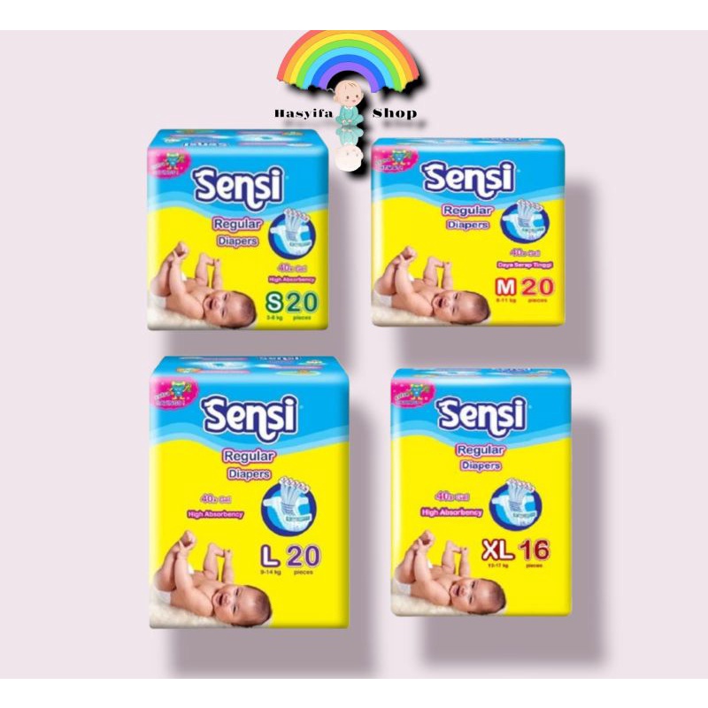Sensi Reguler Popok Bayi Tipe Perekat Size S 20 , M 20 , L 20 , XL 16 , Pampers Bayi Murah Merek Sen