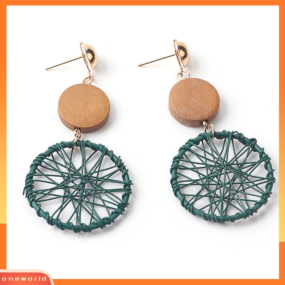 [WONE] Vintage Wanita Kayu Bulat Dreamcatcher Statement Stud Earrings Perhiasan Hadiah