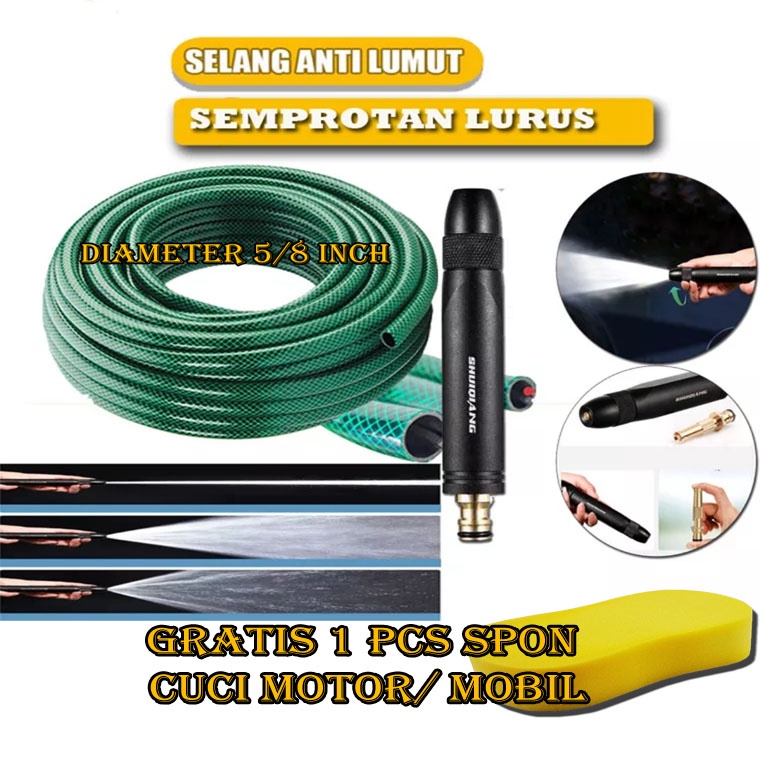 Paket Selang 5/8 Set Alat Cuci Motor Selang Air Serat Benang Hijau Semprotan Air Kuningan - Selang Semprotan Air Kuningan Cuci Motor Free 1 Pcs Spon Cuci Motor