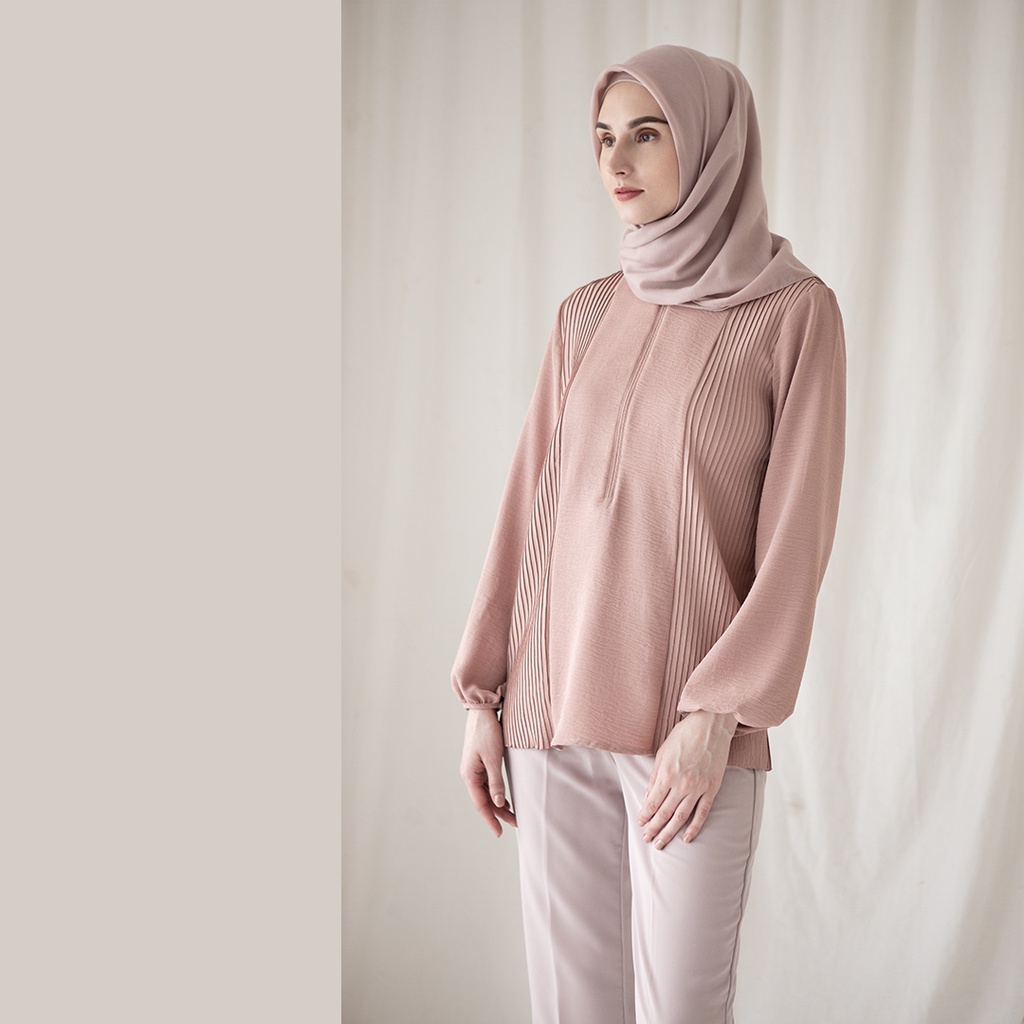 Asmara by Aska Label - atasan wanita plisket blouse wanita pleats bahan crinkle warna lilac, pink mauve, coklat mocca