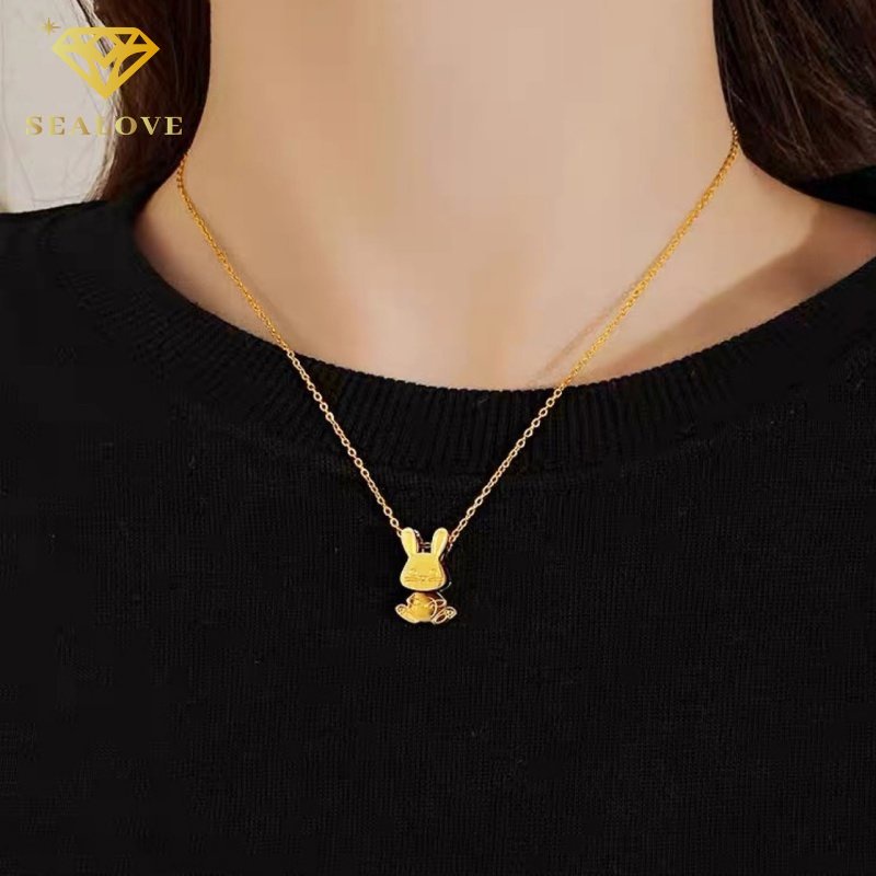 Kalung titanium wanita Anti Karat lucu ayunan kelinci perhiasan premium sederhana