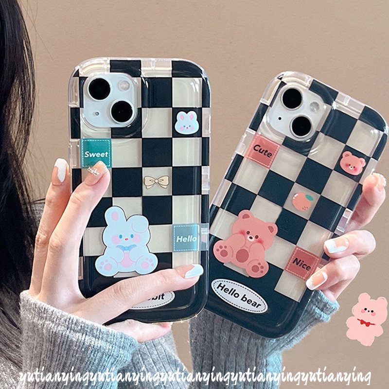 Case Kotak-Kotak Kompatibel Untuk iPhone 7Plus 8Plus 11 14 13 12 Pro MAX XR 7 8 6 6S Plus X XS MAX Beruang Lucu Kelinci Shockproof Airbag Lembut TPU Lovers Phone Case