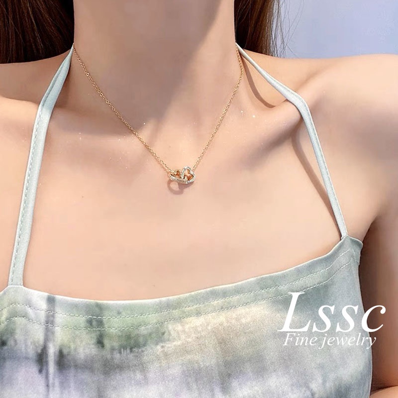 Kalung Titanium Anti Karat Hati Berlian Mewah Emas 18K Aksesoris Wanita Fashion Korea