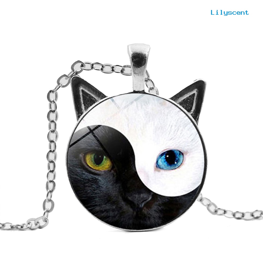 [LS] Wanita Tai Chi Yin Yang Kucing Kaca Liontin Kalung Rantai Perhiasan Hadiah