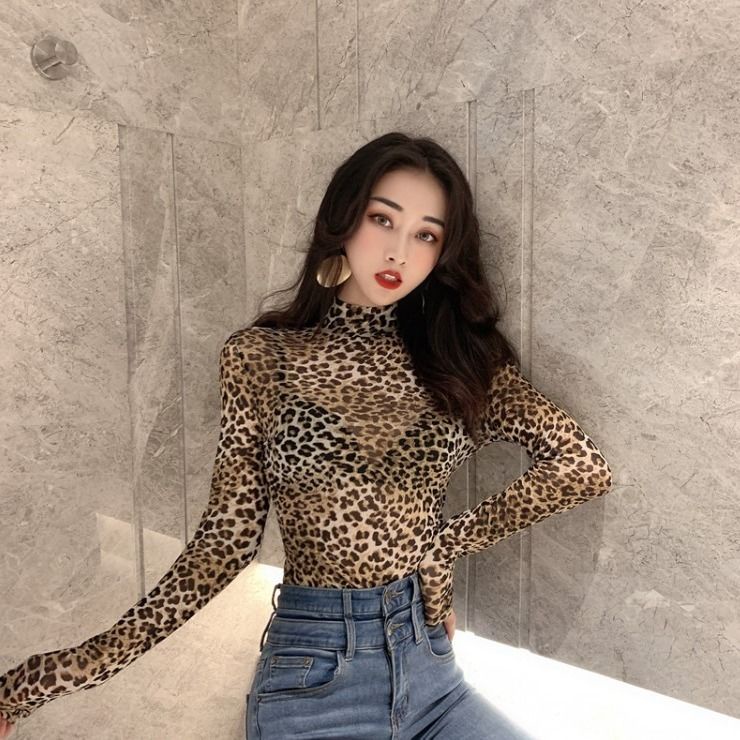 ✓▽✷Suhao chic gaya Hong Kong kerah setengah tinggi leopard top wanita musim gugur dan musim dingin temperamen slim slim lengan panjang T-shirt seksi kemeja bottoming