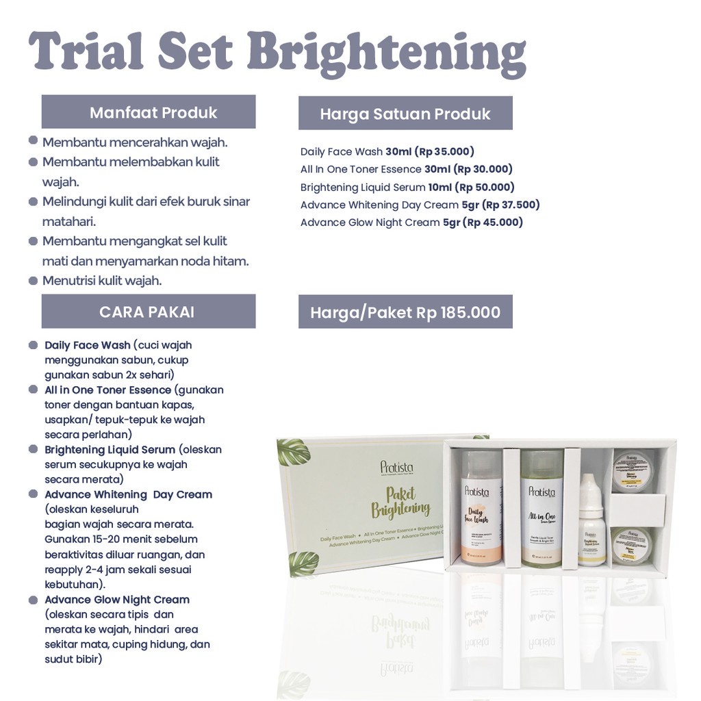 Paket Skincare Pencerah Wajah Pratista Trial Set Brightening Series Penghilang Flek Wajah Mini Skincare Traveling Pratista Ori