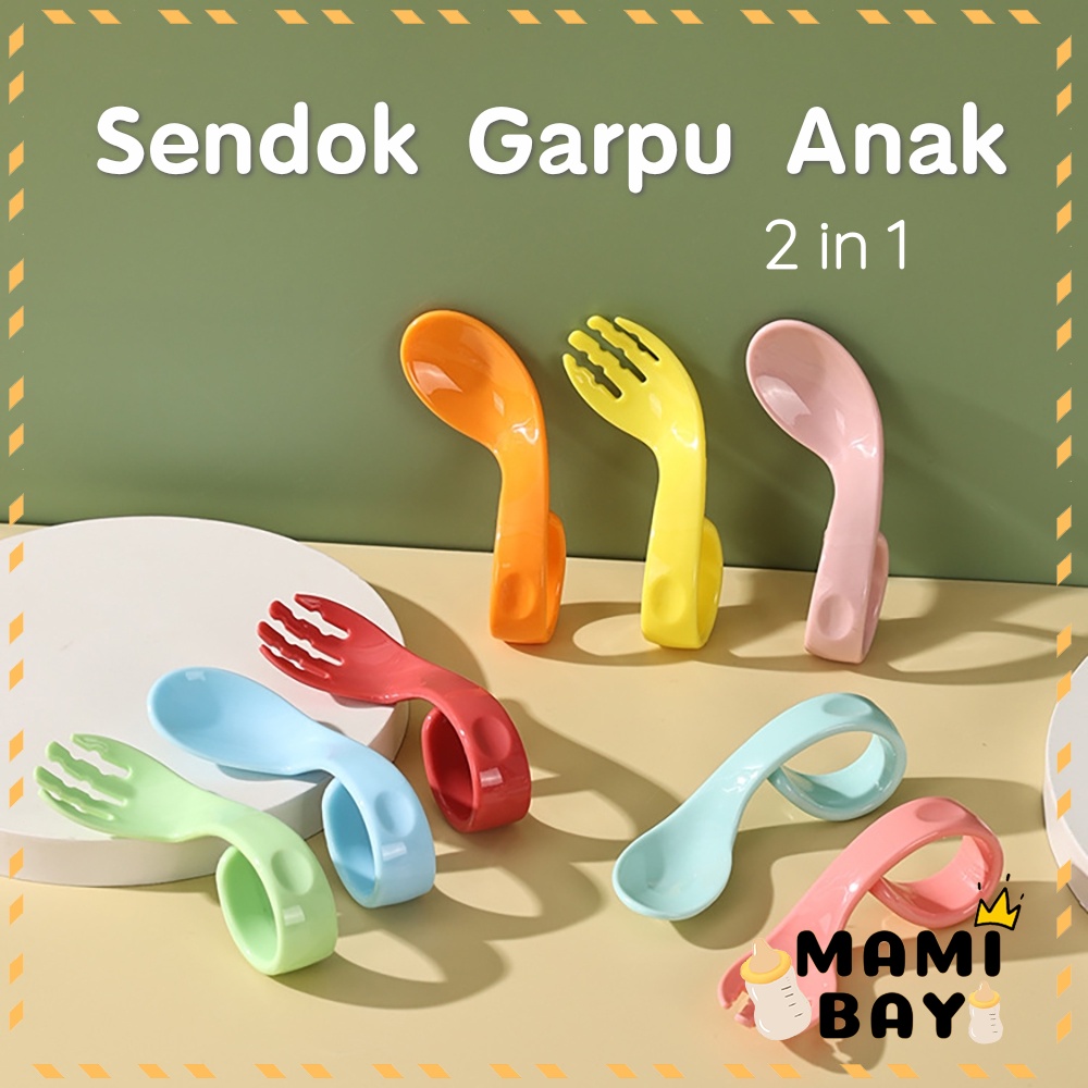 Mamibayi Sendok Garpu Anak Bengkok/Sendok Bayi Belajar Makan Sendiri/Training Spoon Baby