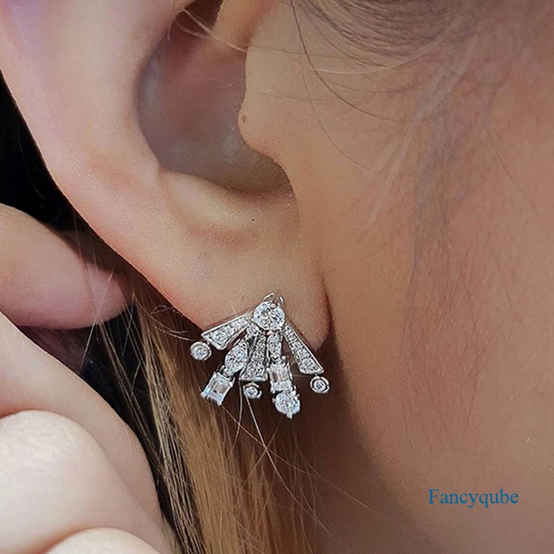 Fancyqube Modern Berbentuk Kipas Stud Anting-Anting Wanita Mewah Inlay Sparkling Cubic Zirconia Kristal Pengantin Pernikahan Anting Perhiasan Fashion