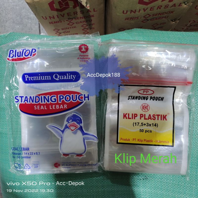 PLASTIK STANDING POUCH KLIP 14X22 Cm / KEMASAAN SNACK BERDIRI SEAL LEBAR 14x22CM KLIP MERAH ISI 50 LEMBAR