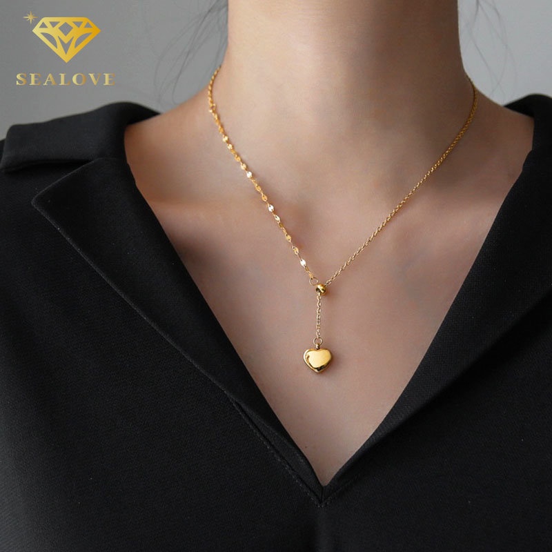 Kalung titanium wanita liontin hati emas aksesoris Korea anti karat