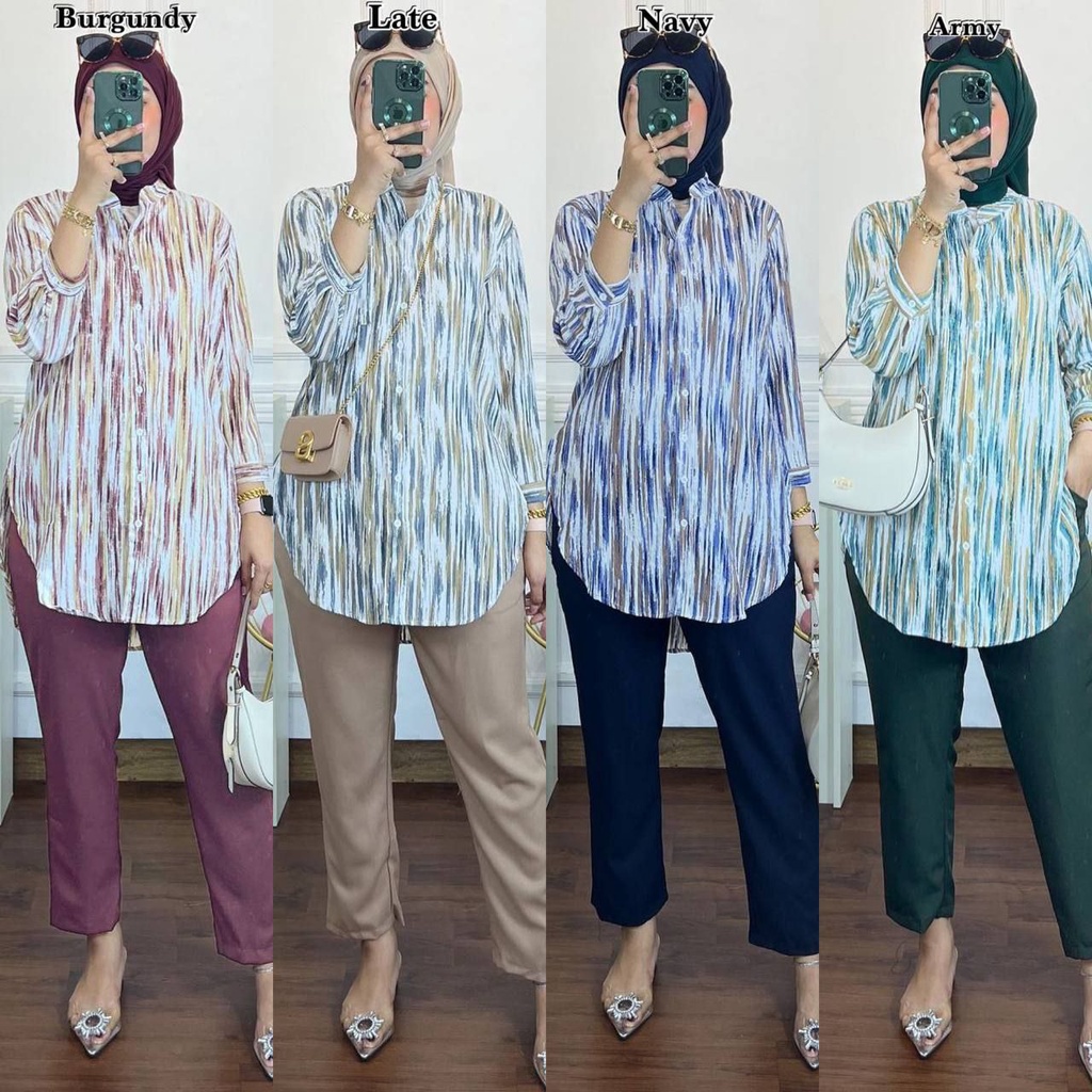 SETELAN WANITA NAIRA SHAKILA TWILL ATASAN KEMEJA FULL KANCING CELANA KULOT ALL SIZE