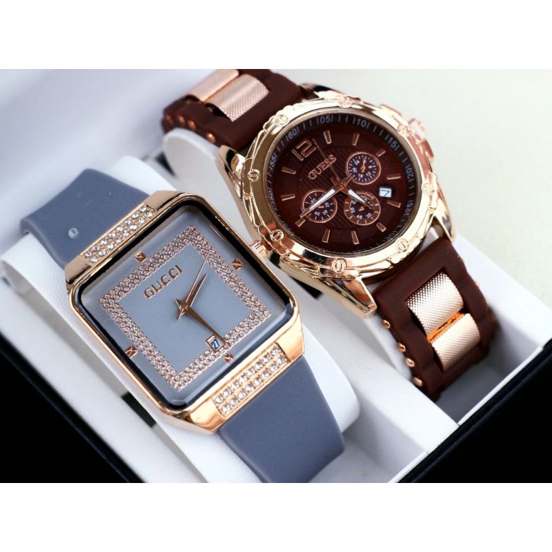 (Terima Cod)Jam Tangan Wanita Buy1 Get1 Gucc1 Mata/Gues Ring Rose Tanggal Aktif Strap Rubber/Karet(Dikirim Jakarta)