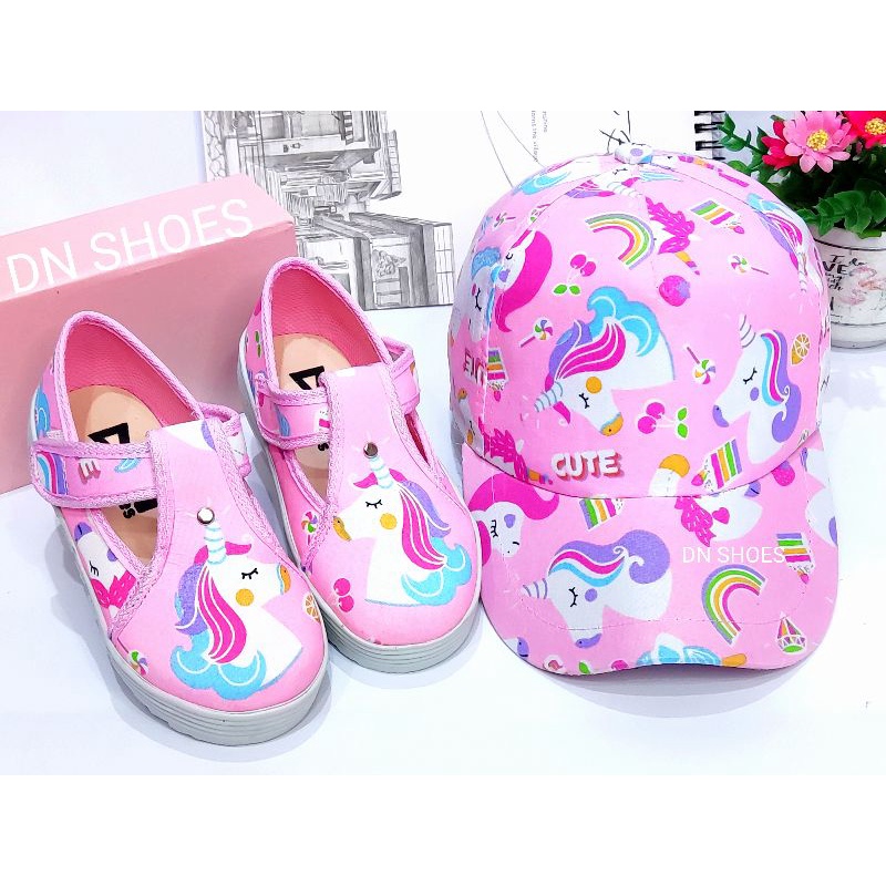 Paket Sepatu Flat Shoes Anak Topi Anak Perempuan Paket Sepatu Pesta dan Topi Pet Anak Murah Lucu Karakter Unicorn Pink Cute