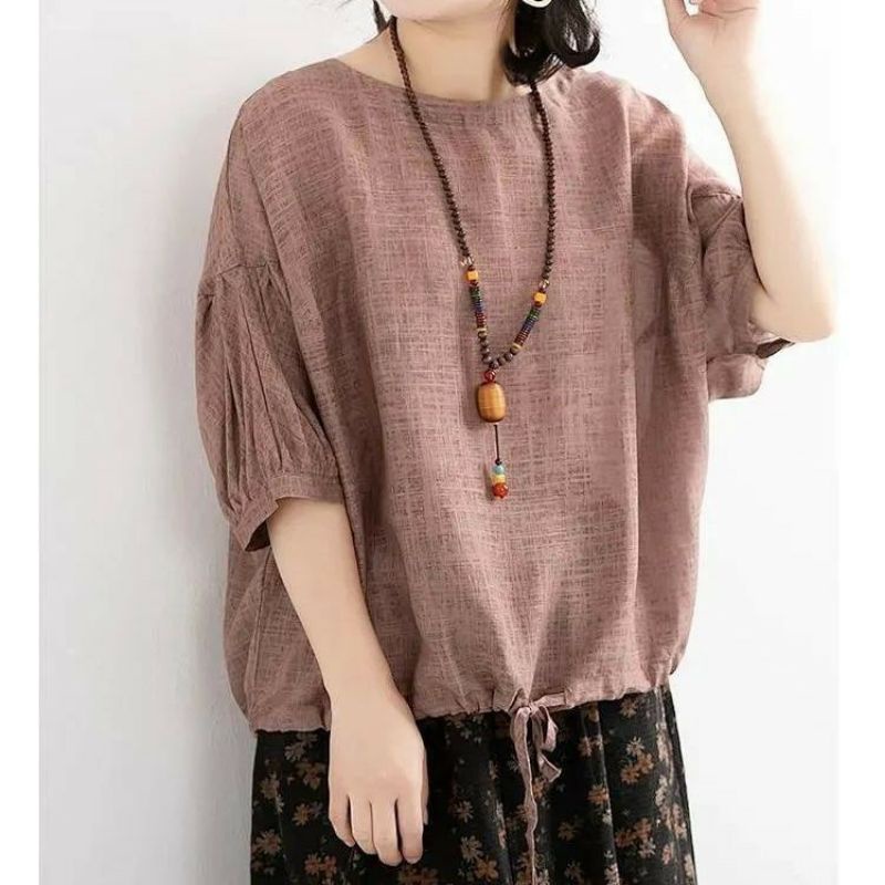 Blouse Happy Serut Bawah - Kemeja Wanita Murah Bahan Linen Atasan Best Seller