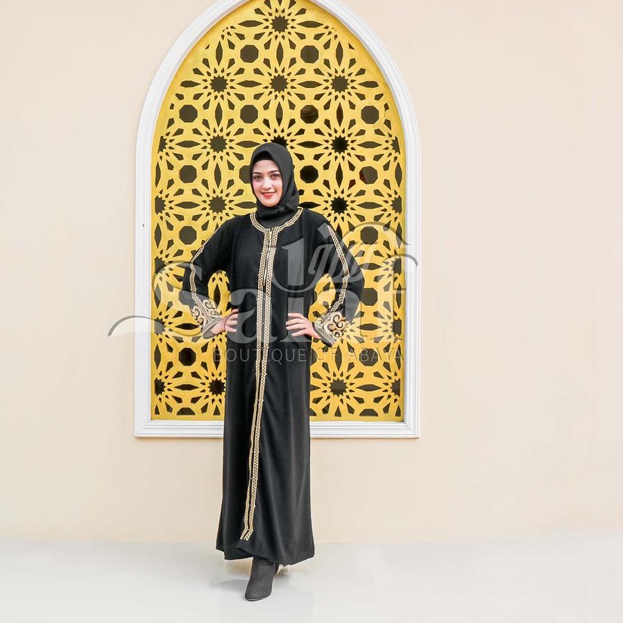 ↝ Abaya Resleting Busui Bahan Saudi Jetblack Syar'i / Abaya Hitam Arabian Style ₳