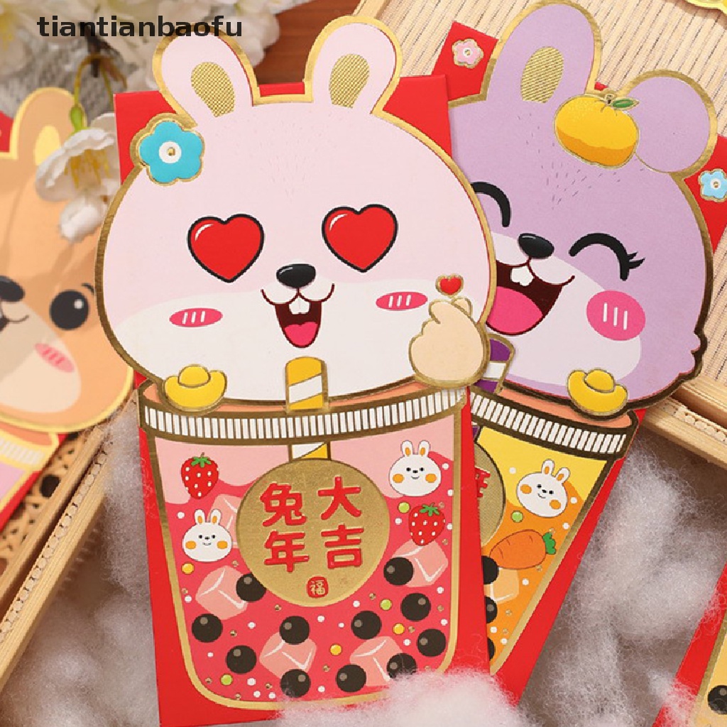 [tiantianbaofu] 6 Pcs 2023tahun Kelinci Kartun Uang Keberuntungan Lion Dance Amplop Merah Tiga Dimensi Bless Bag Festival Musim Semi Hongbao Butik