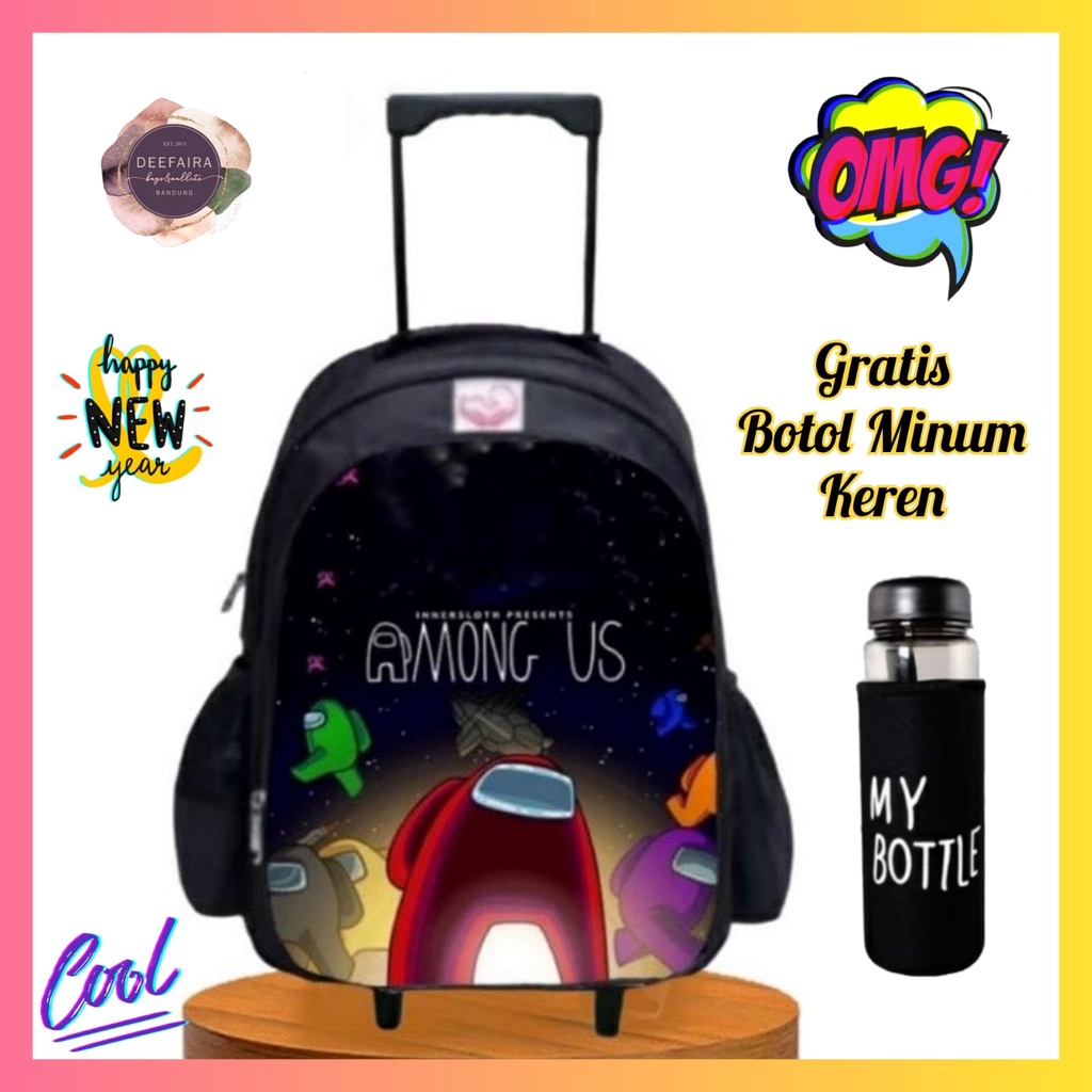 Tas Sekolah Ransel Troli Anak Laki Laki Tk &amp; Sd Motif Am0ng Gratis Botol Minum Keren