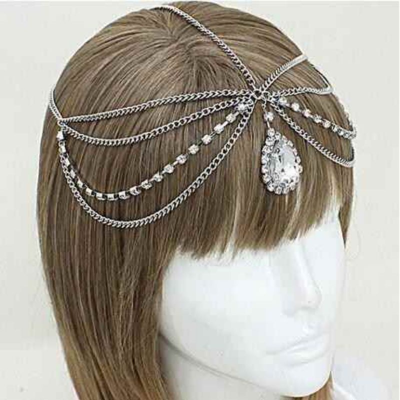 BIN-08 Headchain permata warna silver hiasan dahi aksesoris rambut model pengantin wanita bindi hindi india