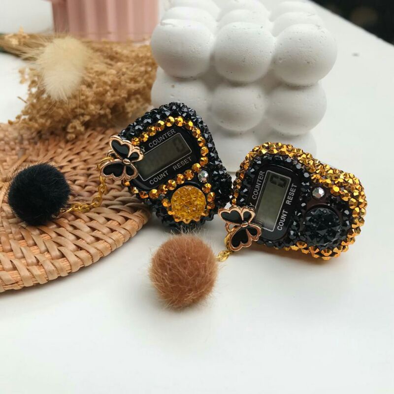 Tasbih digital swarovski hitam list gold pompom