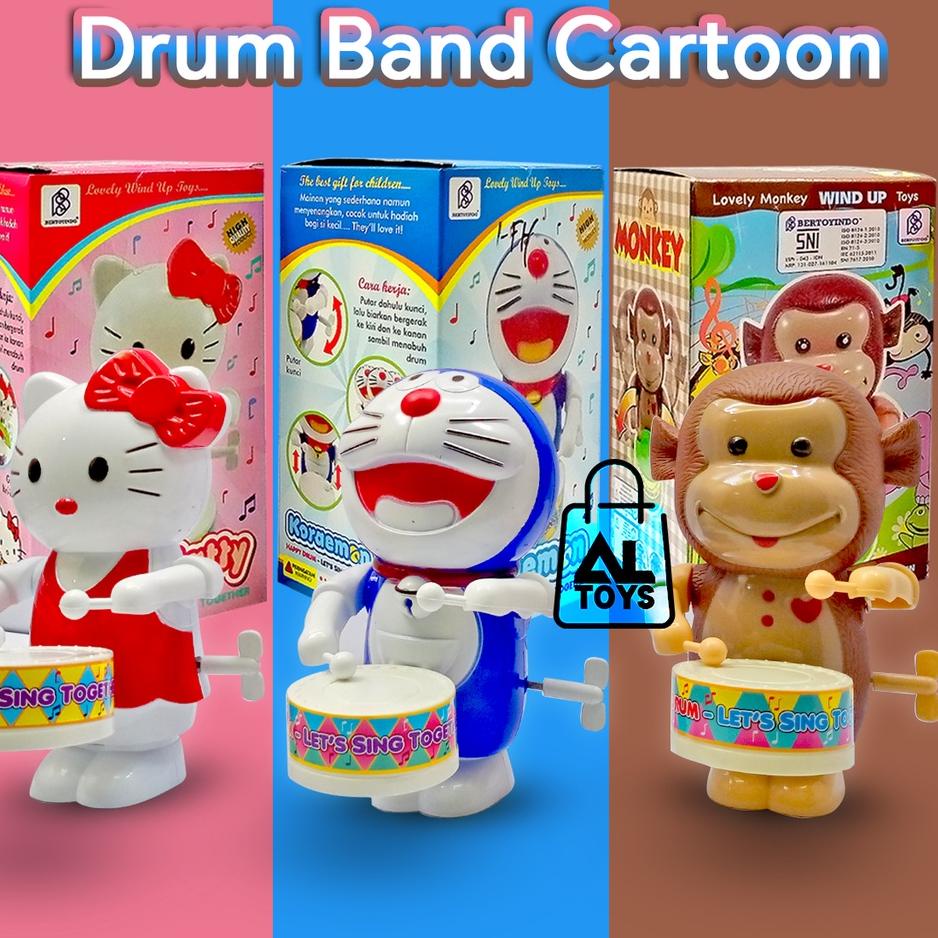 エ Mainan Drum Band Putar Kunci Karakter Lucu Mainan Drum Band Hello Kitty / Doraemon / Monyet Musik 