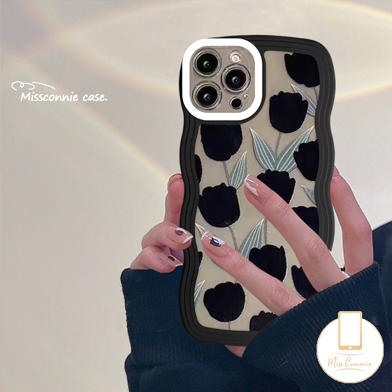 IPHONE Case Kompatibel Untuk Iphone7 8 6s 6 Plus 11 Pro Max12 13 14 Pro MAX XR 14 Plus X XS MAX SE 2020gelombang Tepi Hitam Tulip Daun Hijau Silikon Lembut Back Phone Cover