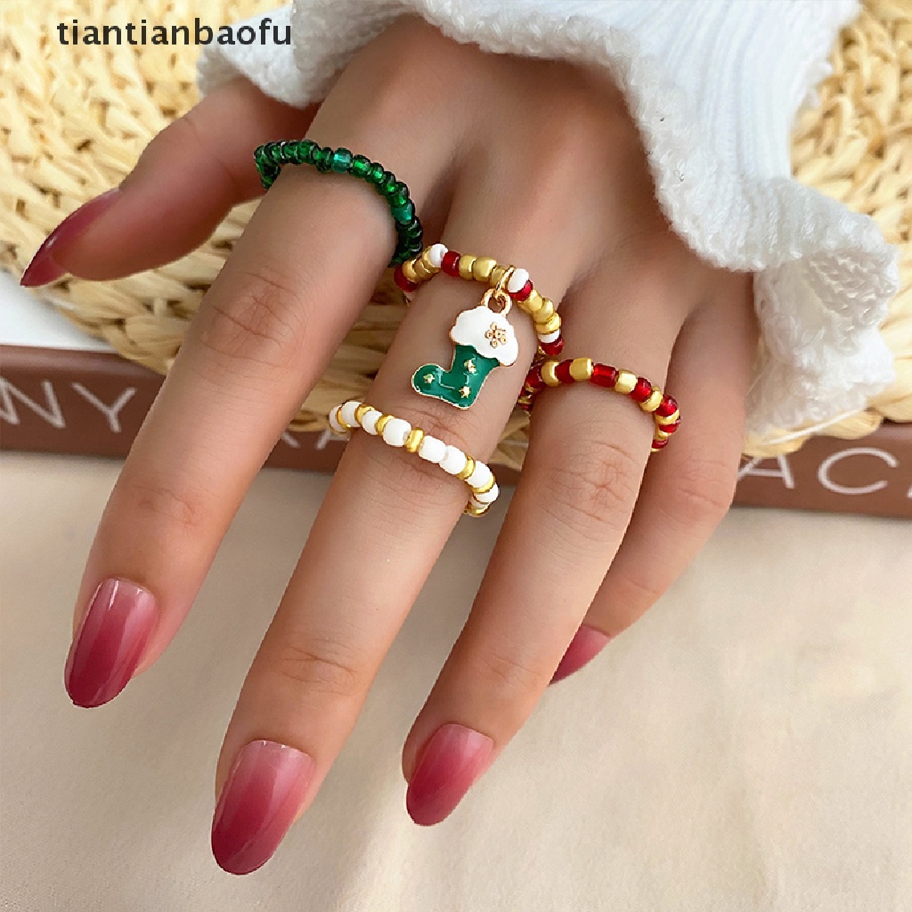 [tiantianbaofu] Set Cincin Hadiah Natal Untuk Wanita Pria Gadis Y2K Fashion Manik Rantai Snowman Rings Festival Perhiasan Butik