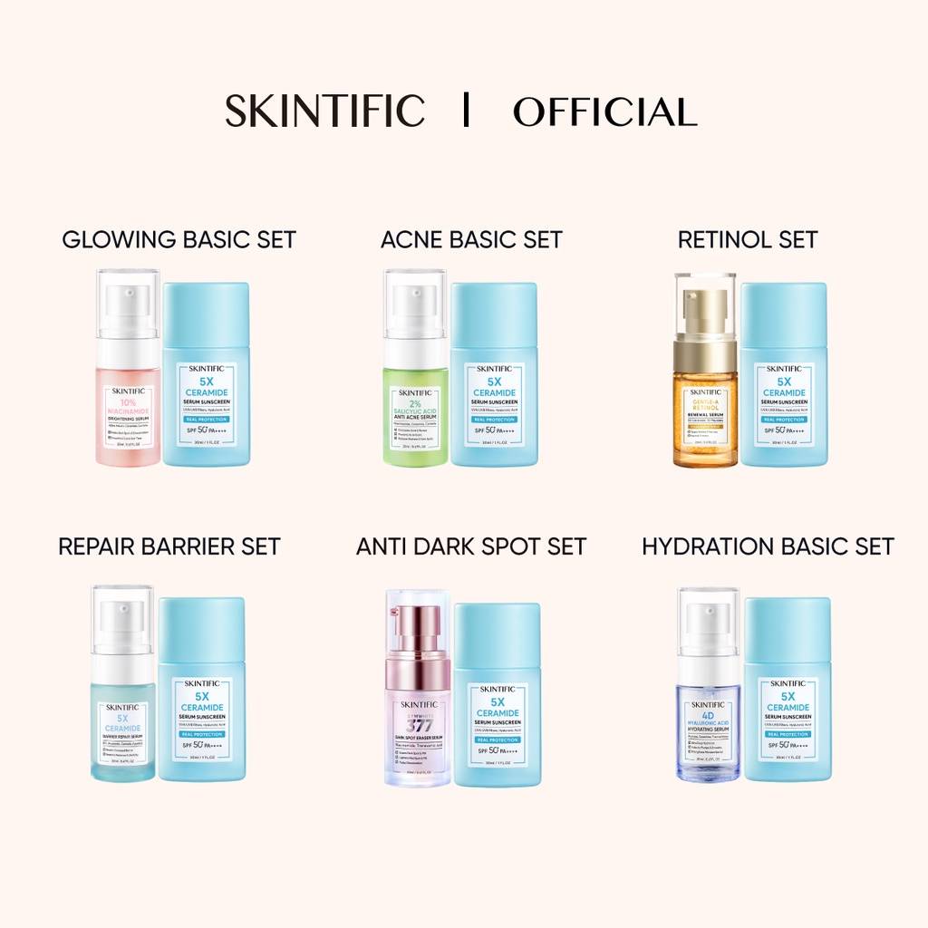 SKINTIFIC Sunscreen + Serum Set 2pcs Paket Skincare Brightening | Anti Acne | Skin Barrier Repair | Hydrating | Anti Aging