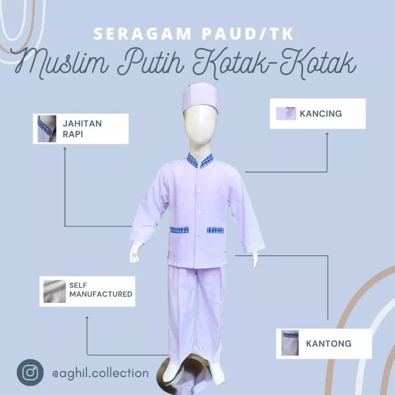 SERAGAM TK/PAUD MUSLIM PUTIH BAJU TK/PAUD MUSLIM PUTIH KOMBINASI BIRU