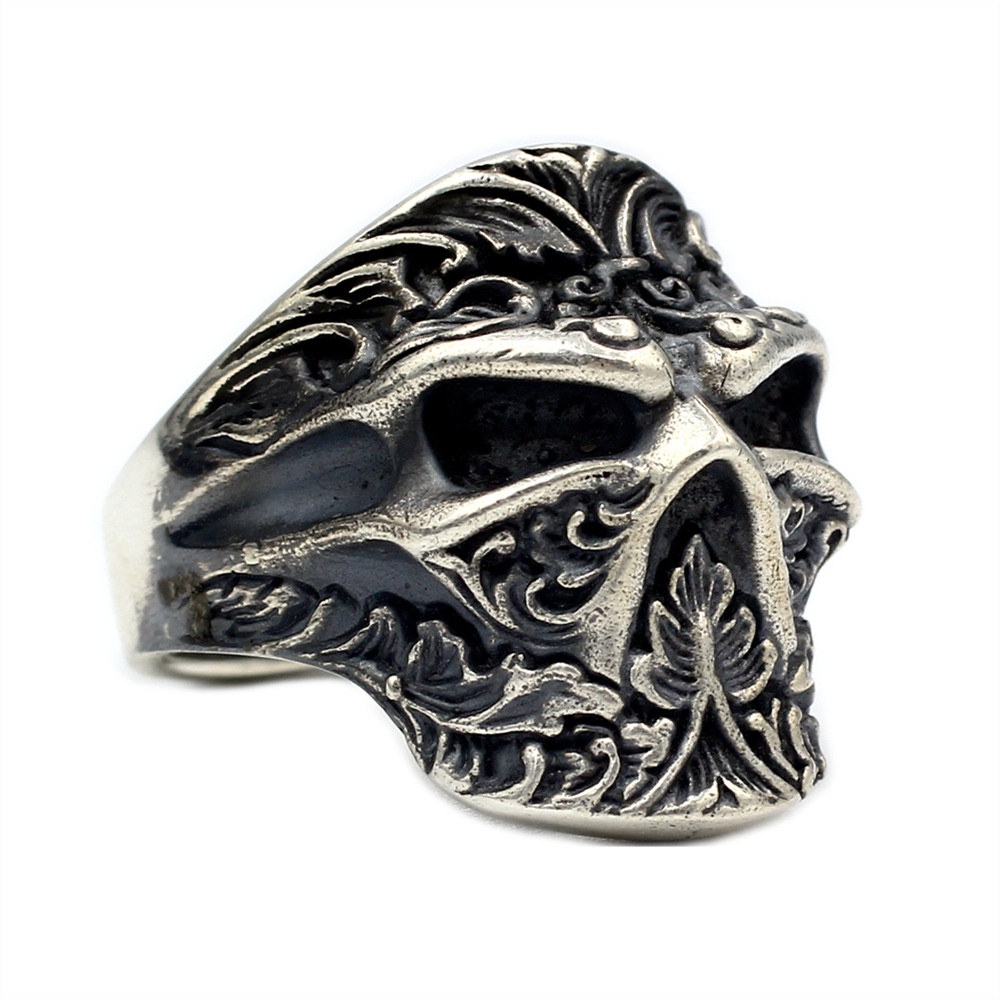 Cincin Lapis Silver Desain Tengkorak Tanaman Faceless Gaya Vintage Rock Untuk Pria