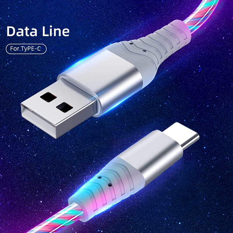 Kabel LED Glowing 3A Kabel Pengisian Cepat Micro USB Tipe C Kabel Transfer Data Kecepatan Tinggi Mengalir Streamer Light LED USB C Cord