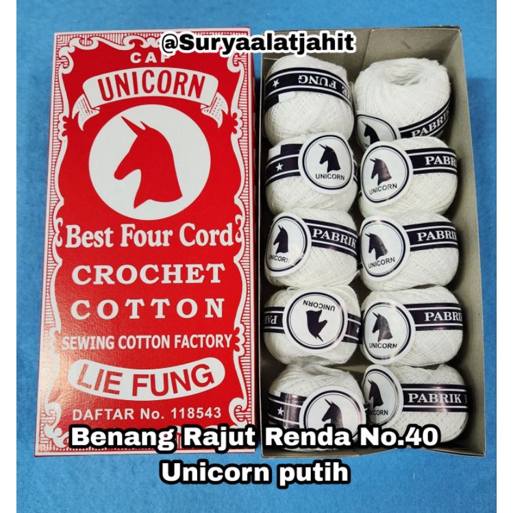 Benang Rajut Renda No.40 Unicorn Putih 1kotak =rp.17.500/10pcs