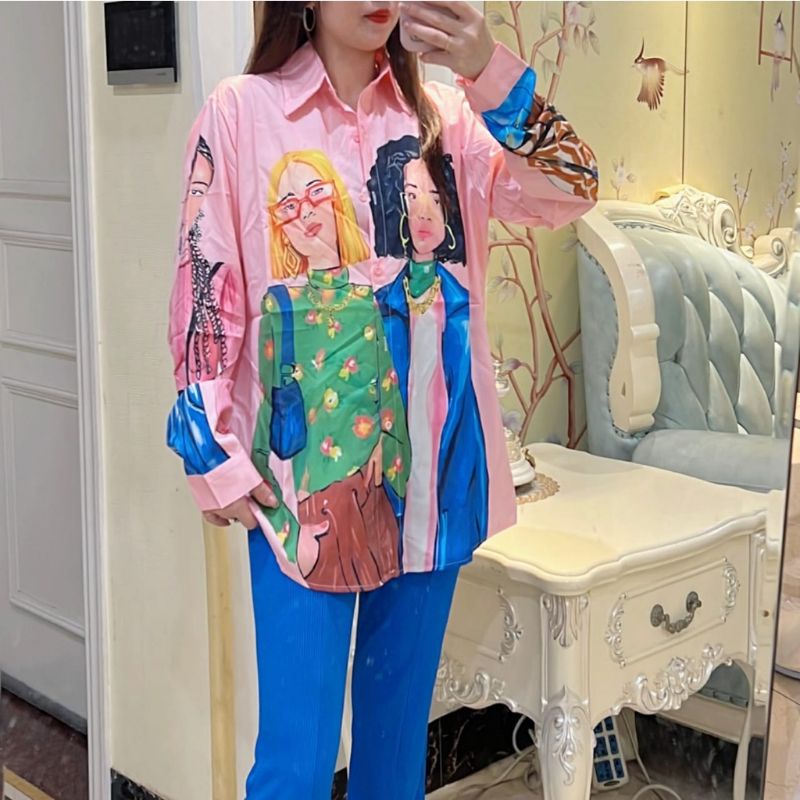 5619 Fashion baju blus blouse kemeja lengan panjang motif gambar unik lucu gaya Korea kekinian impor