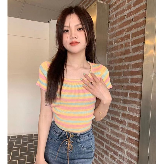 Baju Rajut Wanita Korean Style Lengan Pendek Stripe Tipis Top