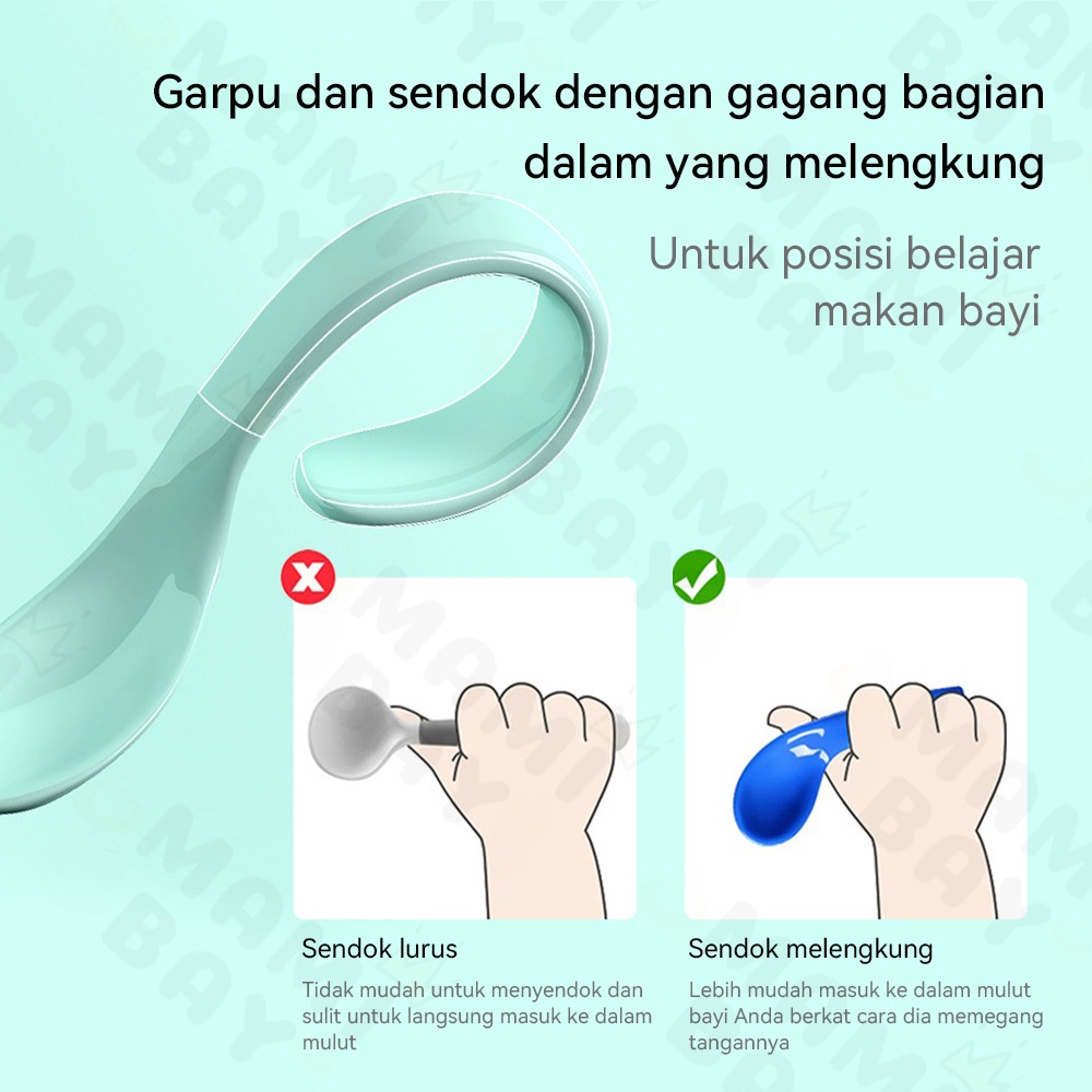 Mamibayi Sendok Garpu Anak Bengkok/Sendok Bayi Belajar Makan Sendiri/Training Spoon Baby