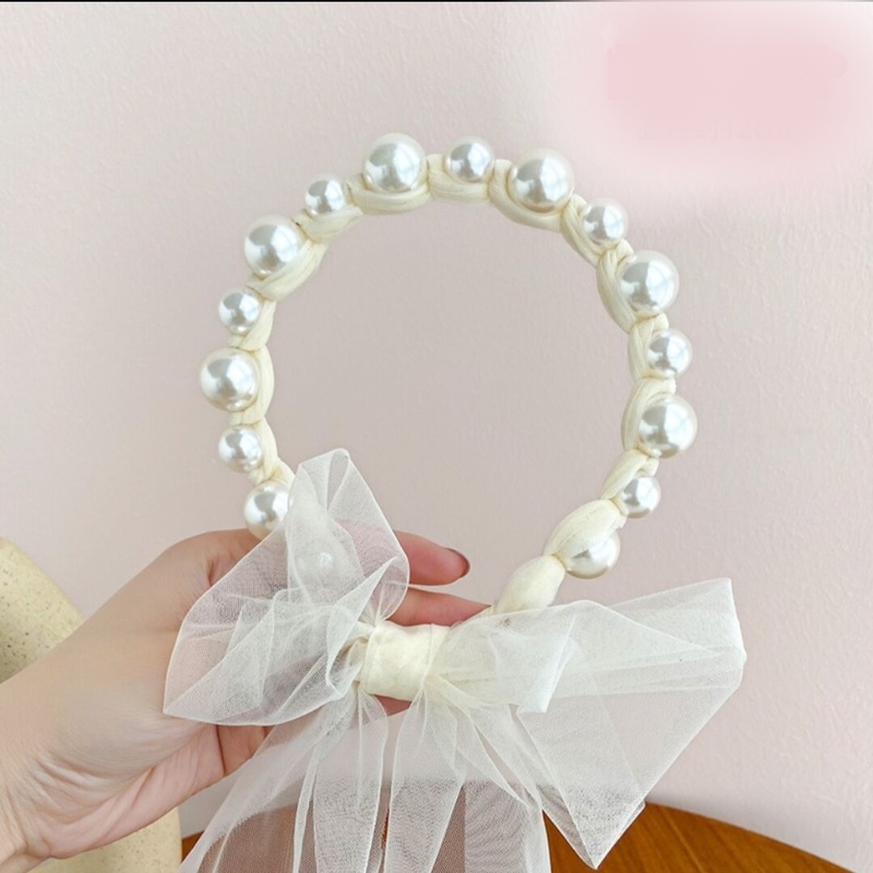 Bandana Mutiara Pita Tulle Panjang Bisa diikat Gaya Korea Bando Anak Import - SH2003