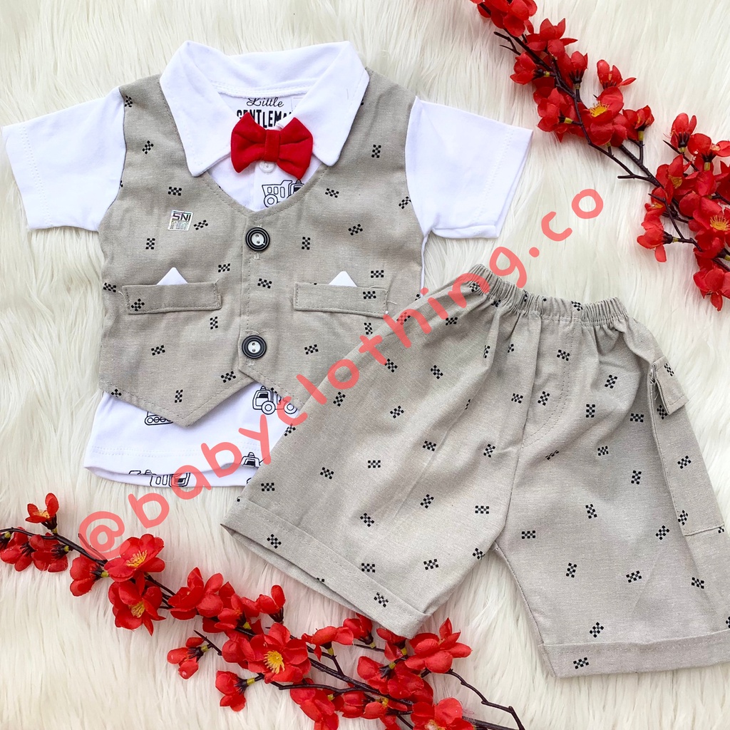 Baju setelan kemeja rompi celana motif pergi lucu bestseller fashion anak bayi laki cowok murah -zeb