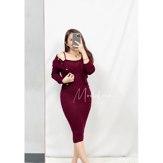 MDLV ~ Set Vava Rajut Dress Bodycon + Cardigan Knit Good Quality