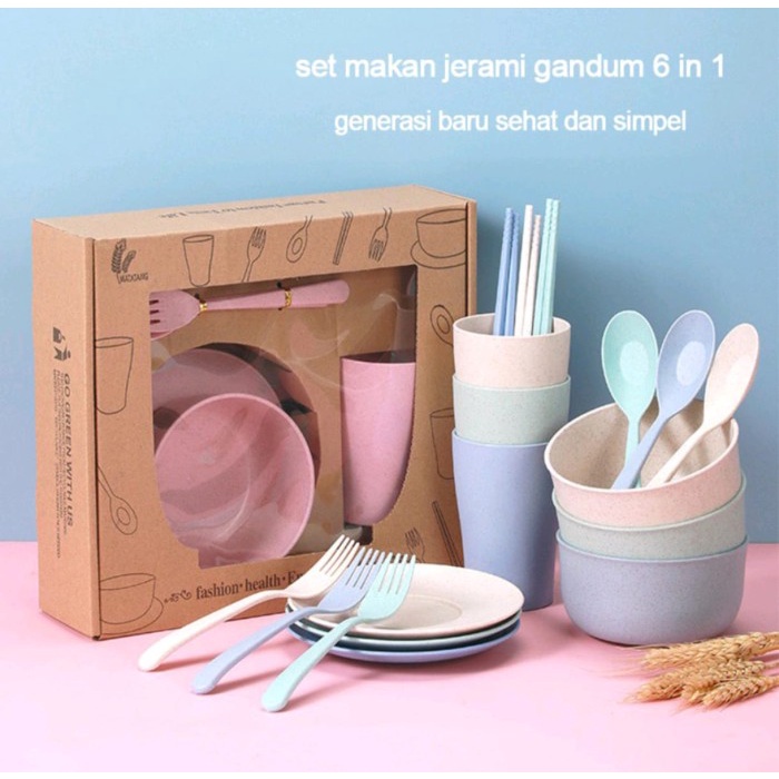 MANGKOK SET 7IN1 WHEAT STRAW BOWL SOUVENIR BOX / MANGKUK PIRING SENDOK