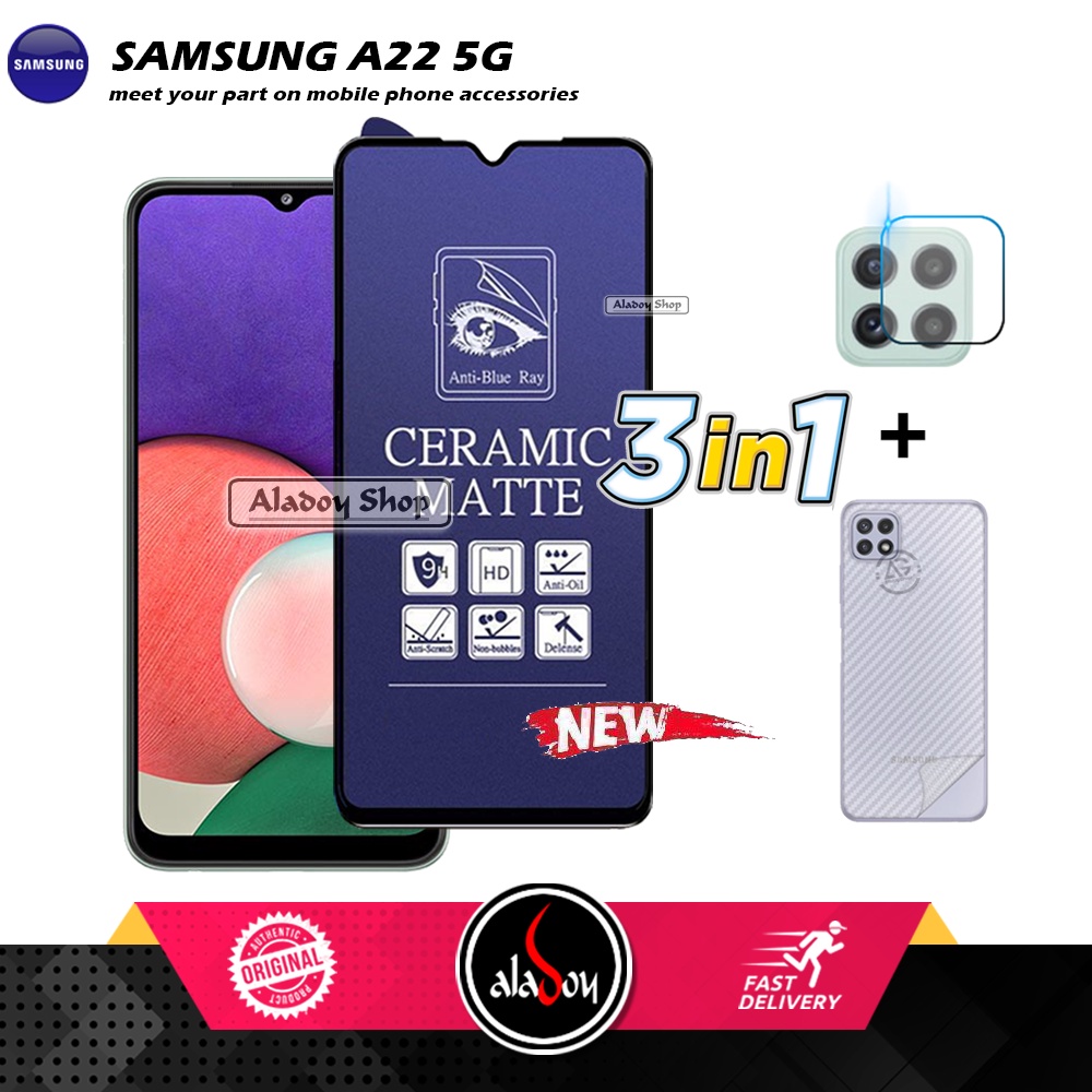 PAKET 3IN1 Anti Gores Blue Matte Anti Glare Samsung A22 5G + Tempered Glass Camera dan Skin Carbon