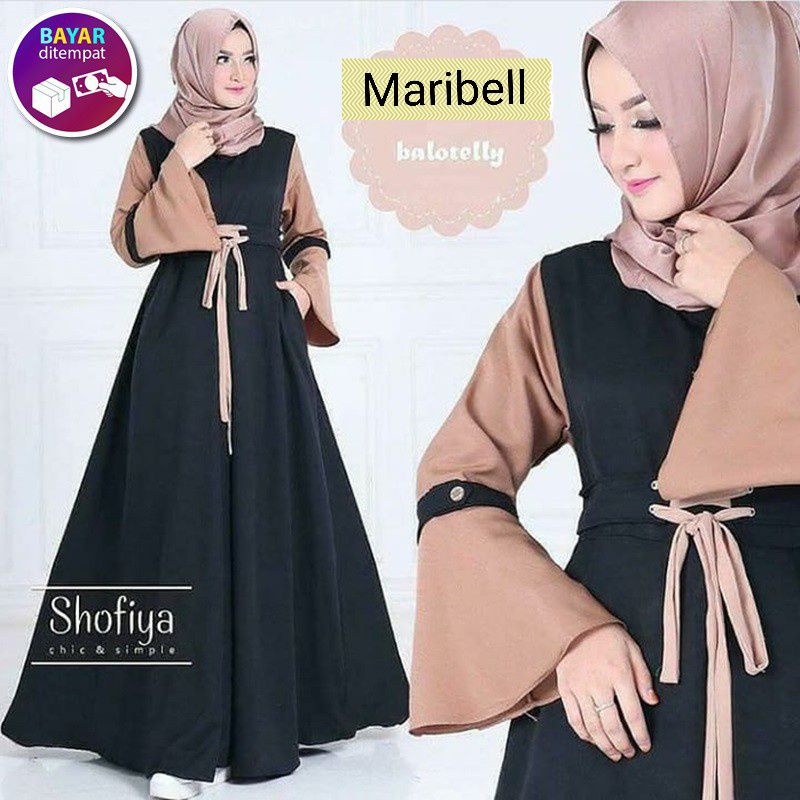 Maribell - Dress Baju Gamis Wanita Muslim Kondangan Busui Tali Pita Pinggang Tengah Tangan Lengan Le